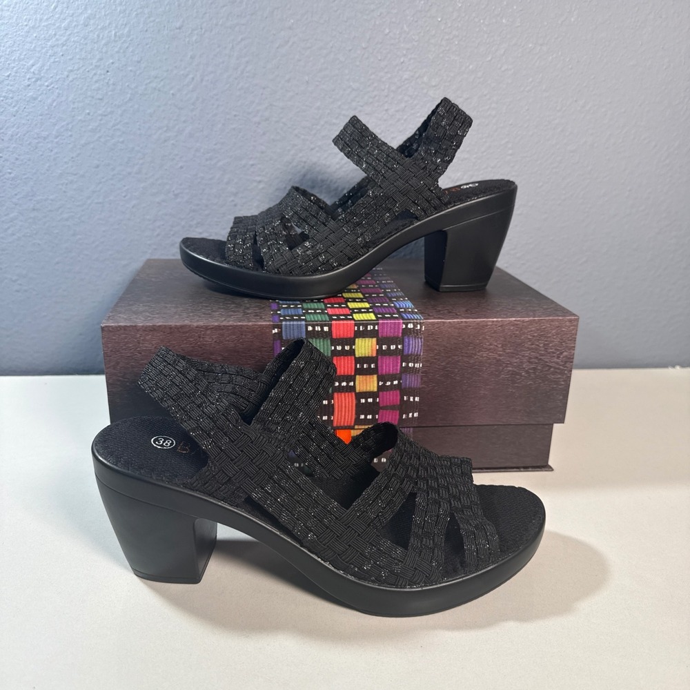 Bernie Mev Texas Cindy Sandals Womens 38 Black Metallic Woven Block Heel